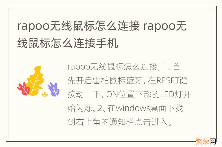 rapoo无线鼠标怎么连接 rapoo无线鼠标怎么连接手机