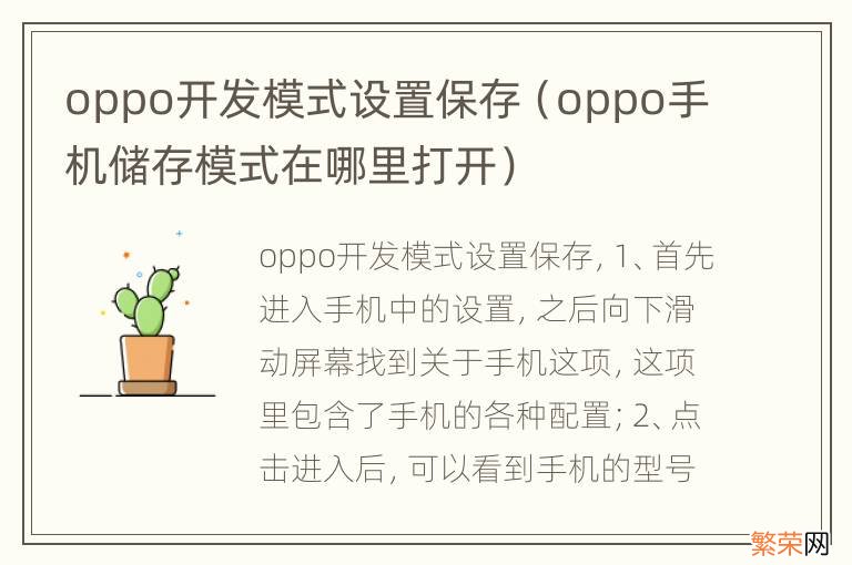 oppo手机储存模式在哪里打开 oppo开发模式设置保存