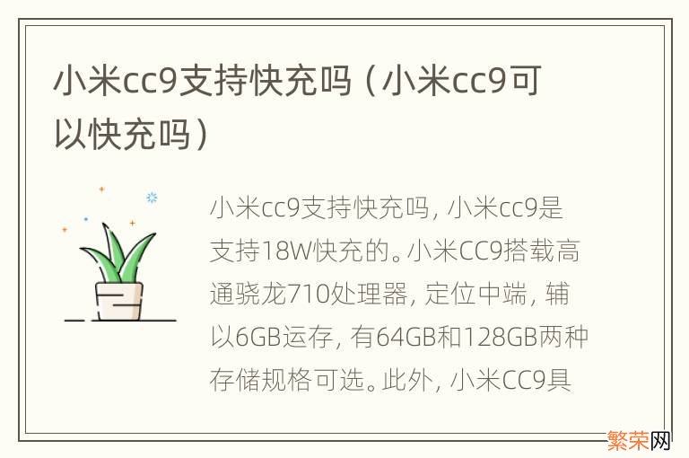 小米cc9可以快充吗 小米cc9支持快充吗