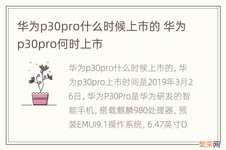 华为p30pro什么时候上市的 华为p30pro何时上市